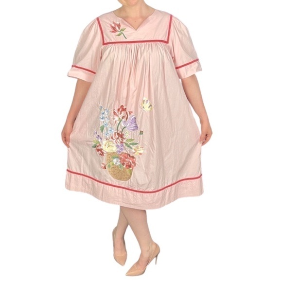 GO SOFTLY PATIO COTTON FLORAL EMBROIDERED SQUARE YOKE NOTCH NECK TRAPEZE DRESS - Picture 1 of 11